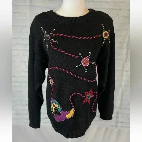 A&M Vintage Western Cowboy Sweater Black Neon Knit 80’s Crochet Jewel Woman’s M - Picture 1 of 13